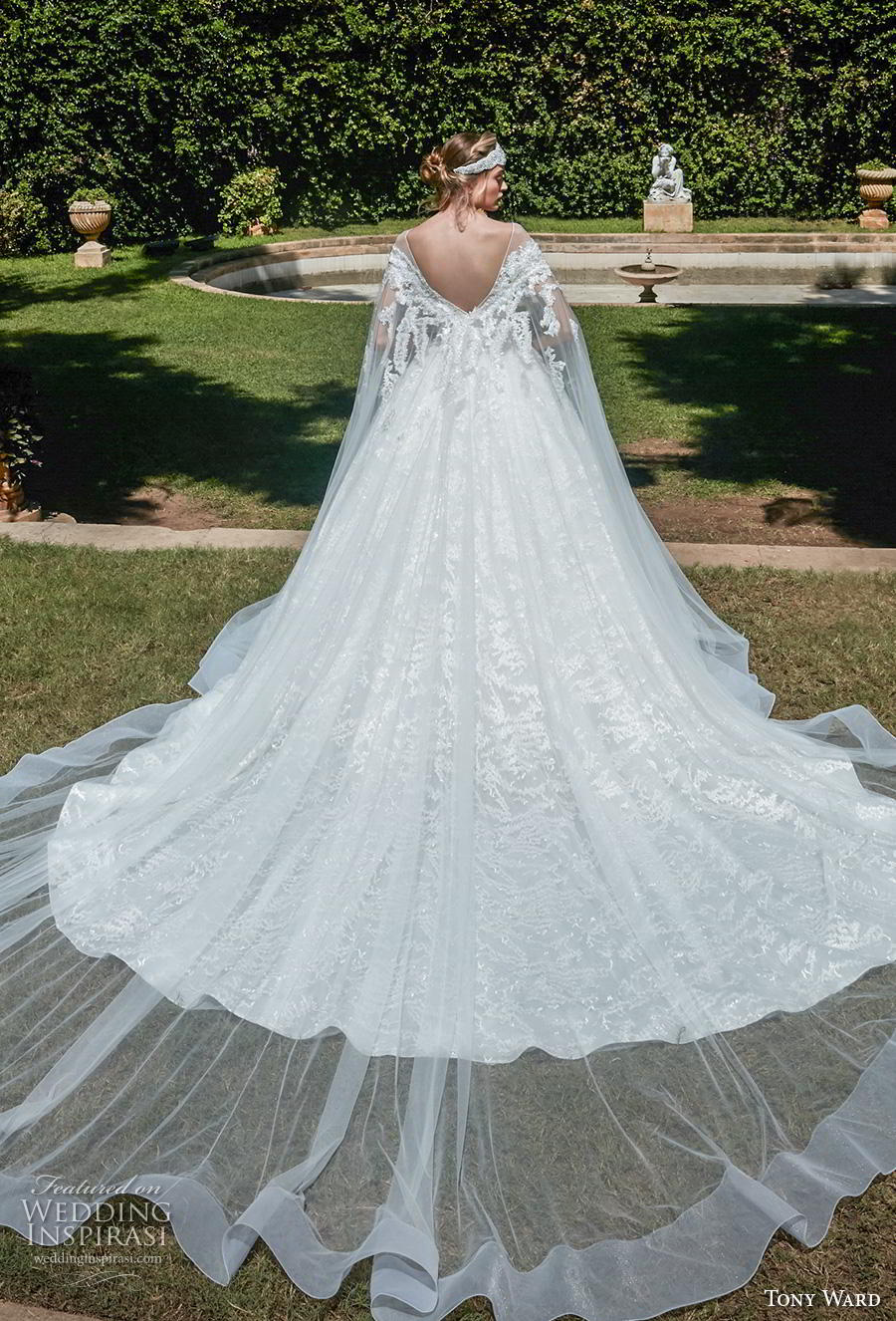 tony ward fall 2020 bridal illusion off the shoulder sheer bateau v neck full embellishment romantic princess a  line wedding dress v back chapel train (6) bv 