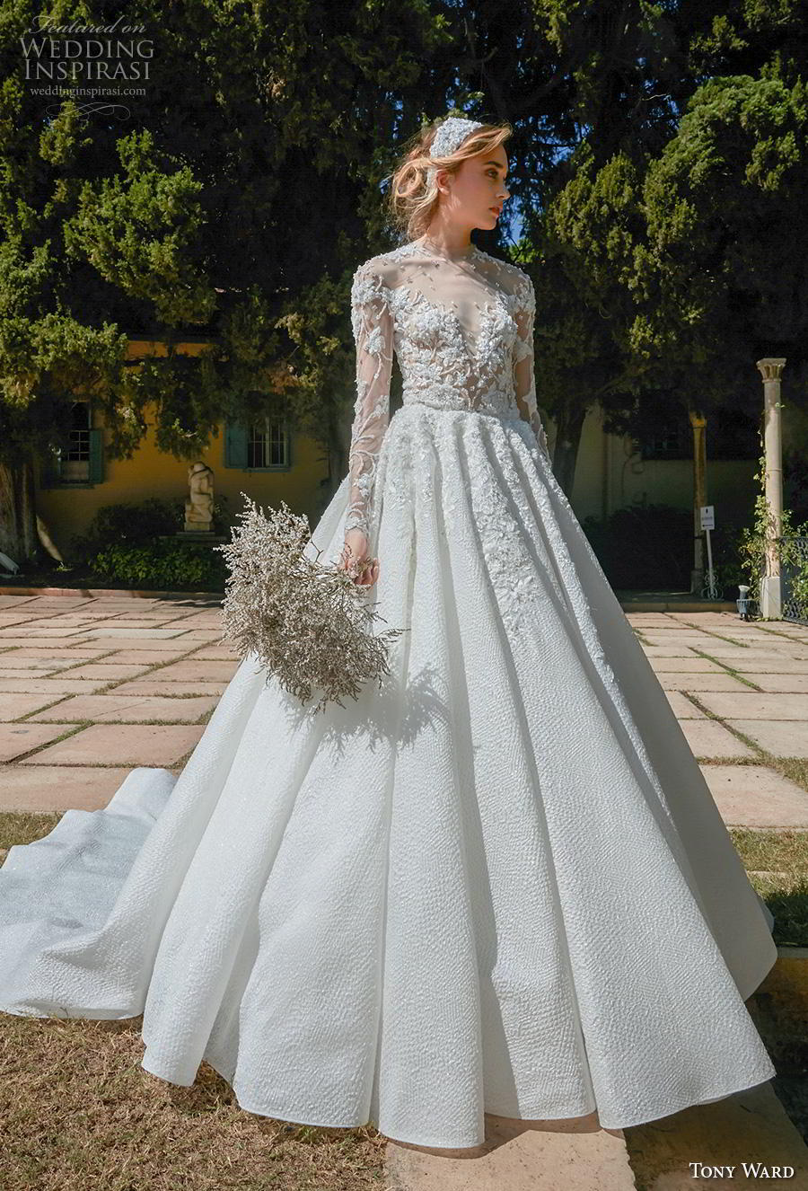 tony ward fall 2020 bridal long sleeves illusion jewel sweetheart neckline heavily embellished bodice romantic princess a  line wedding dress sheer button back chapel train (4) mv