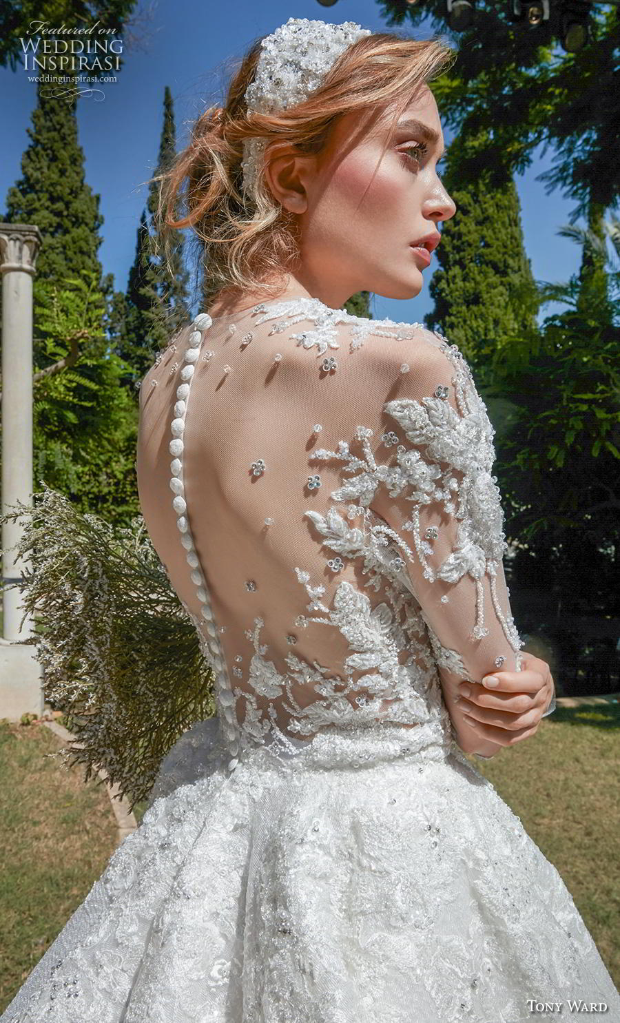 tony ward fall 2020 bridal long sleeves illusion jewel sweetheart neckline heavily embellished bodice romantic princess a  line wedding dress sheer button back chapel train (4) zbv