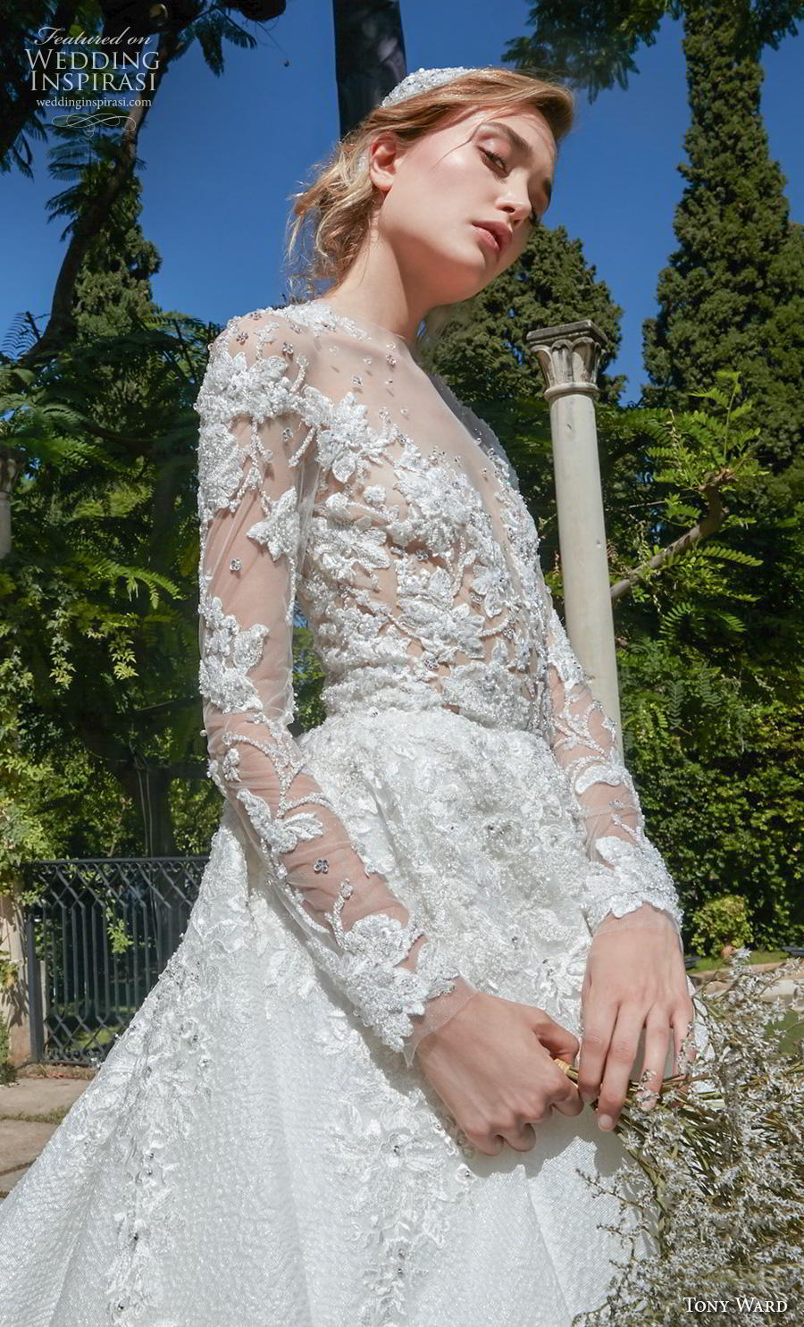 tony ward fall 2020 bridal long sleeves illusion jewel sweetheart neckline heavily embellished bodice romantic princess a  line wedding dress sheer button back chapel train (4) zv