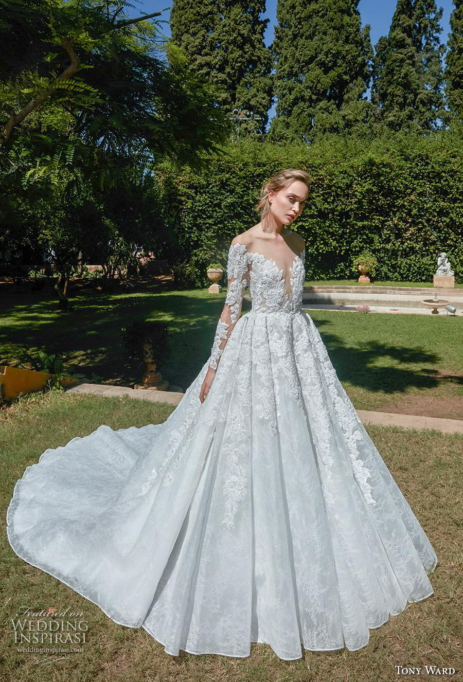 tony ward fall 2020 bridal long sleeves illusion off the shoulder deep plunging sweetheart neckline full embellishment a  line wedding dress backless chapel train (3) mv