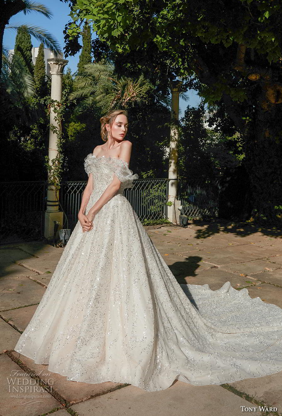 tony ward fall 2020 bridal off the shoulder straight across neckline full embellishment glitter romantic princess a  line wedding dress backless chapel train (12) mv