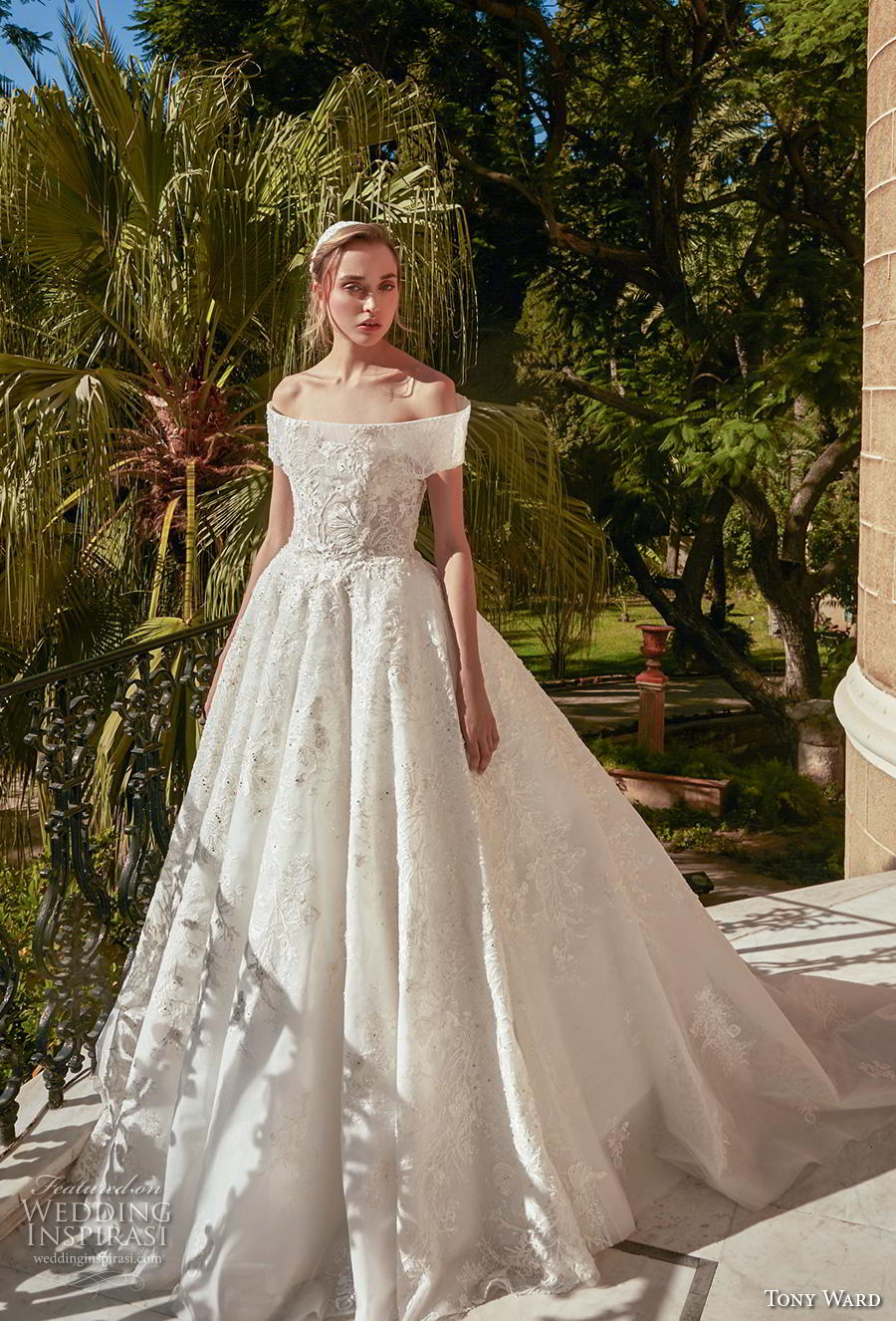 tony ward fall 2020 bridal off the shoulder straight across neckline full embellishment romantic princess ball gown a  line wedding dress covered back royal train (5) mv