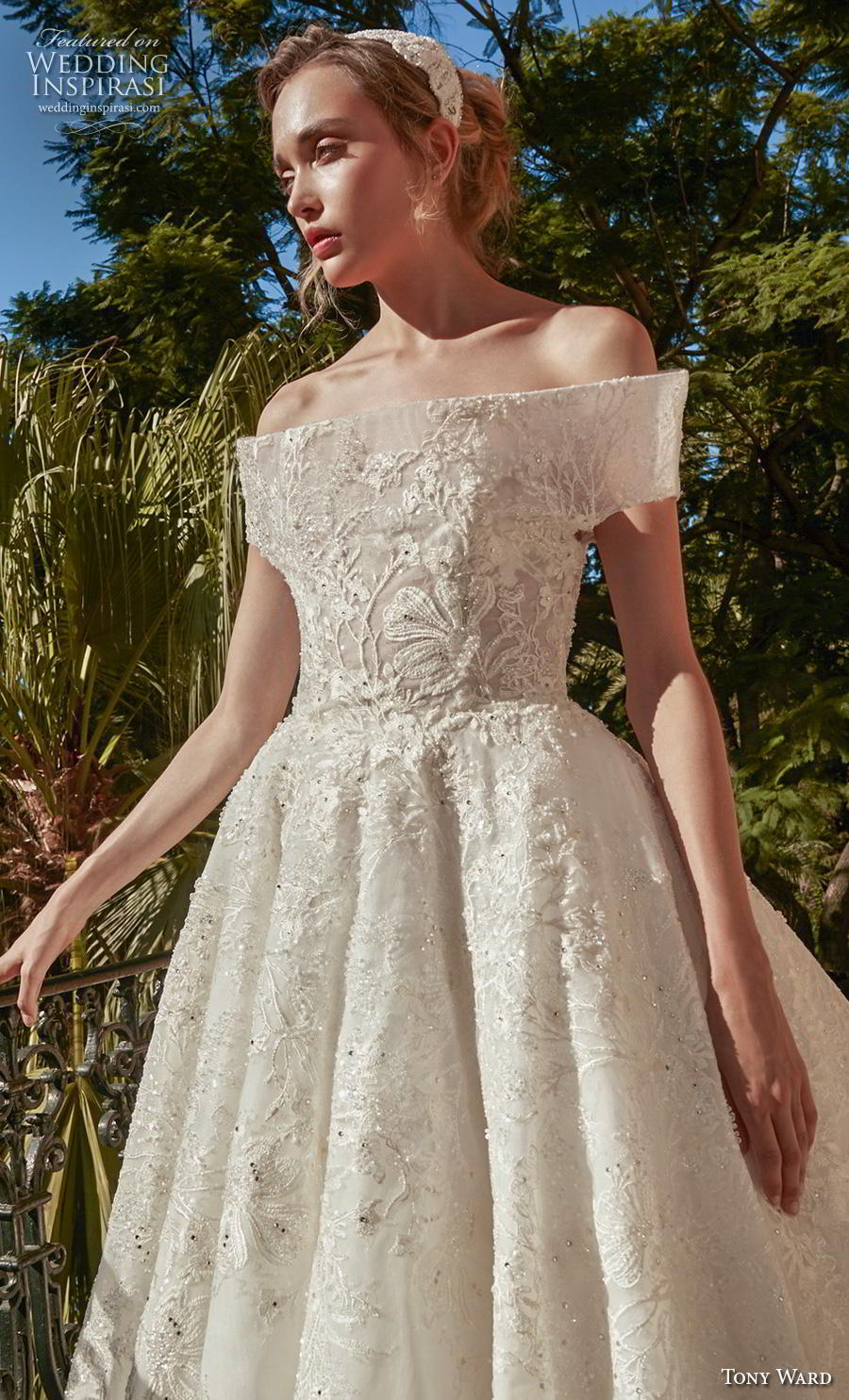 tony ward fall 2020 bridal off the shoulder straight across neckline full embellishment romantic princess ball gown a  line wedding dress covered back royal train (5) zv