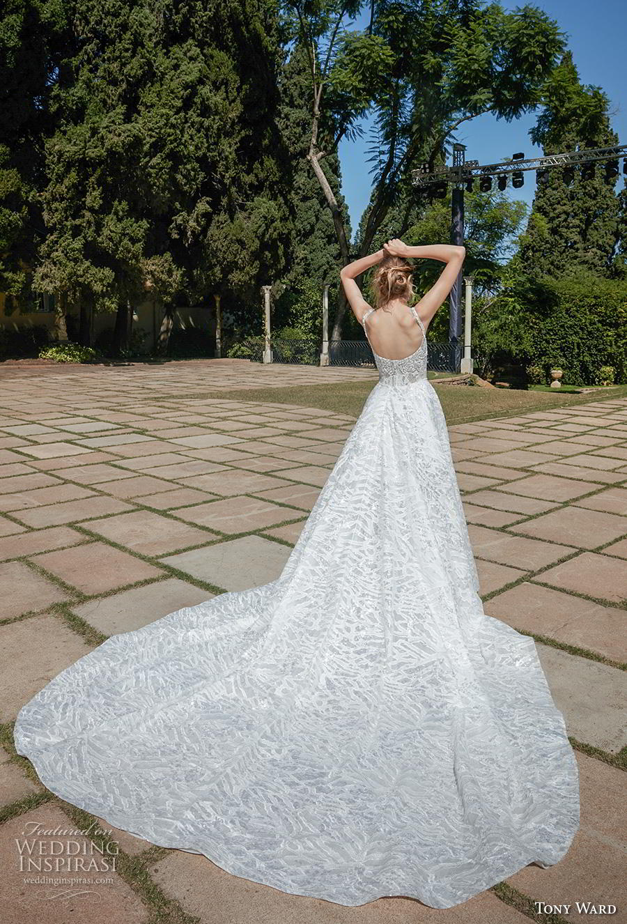 tony ward fall 2020 bridal sleeveless thin strap square neckline full embellishment glamorous romantic a  line wedding dress backless chapel train (15) bv