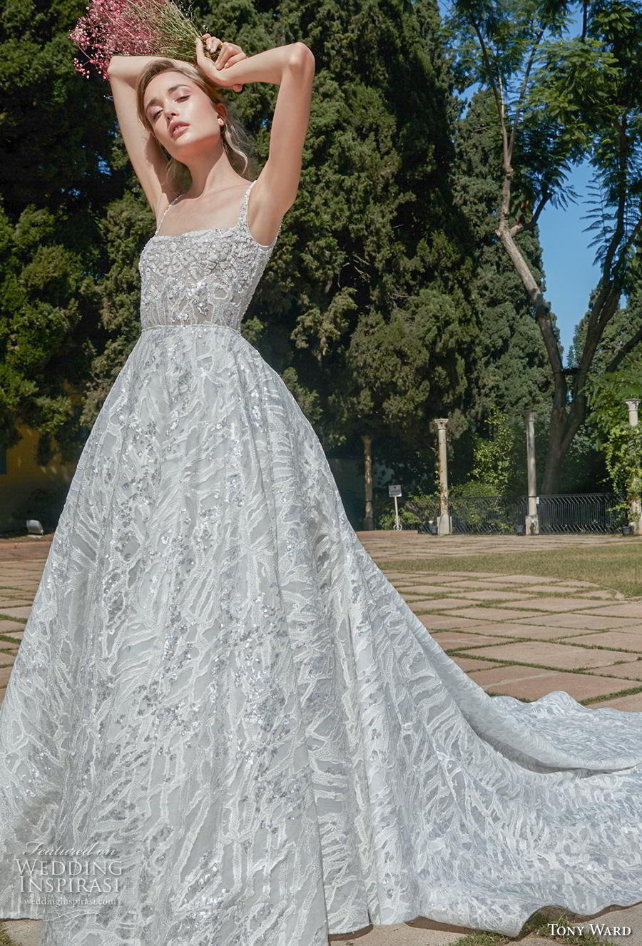 tony ward fall 2020 bridal sleeveless thin strap square neckline full embellishment glamorous romantic a  line wedding dress backless chapel train (15) mv