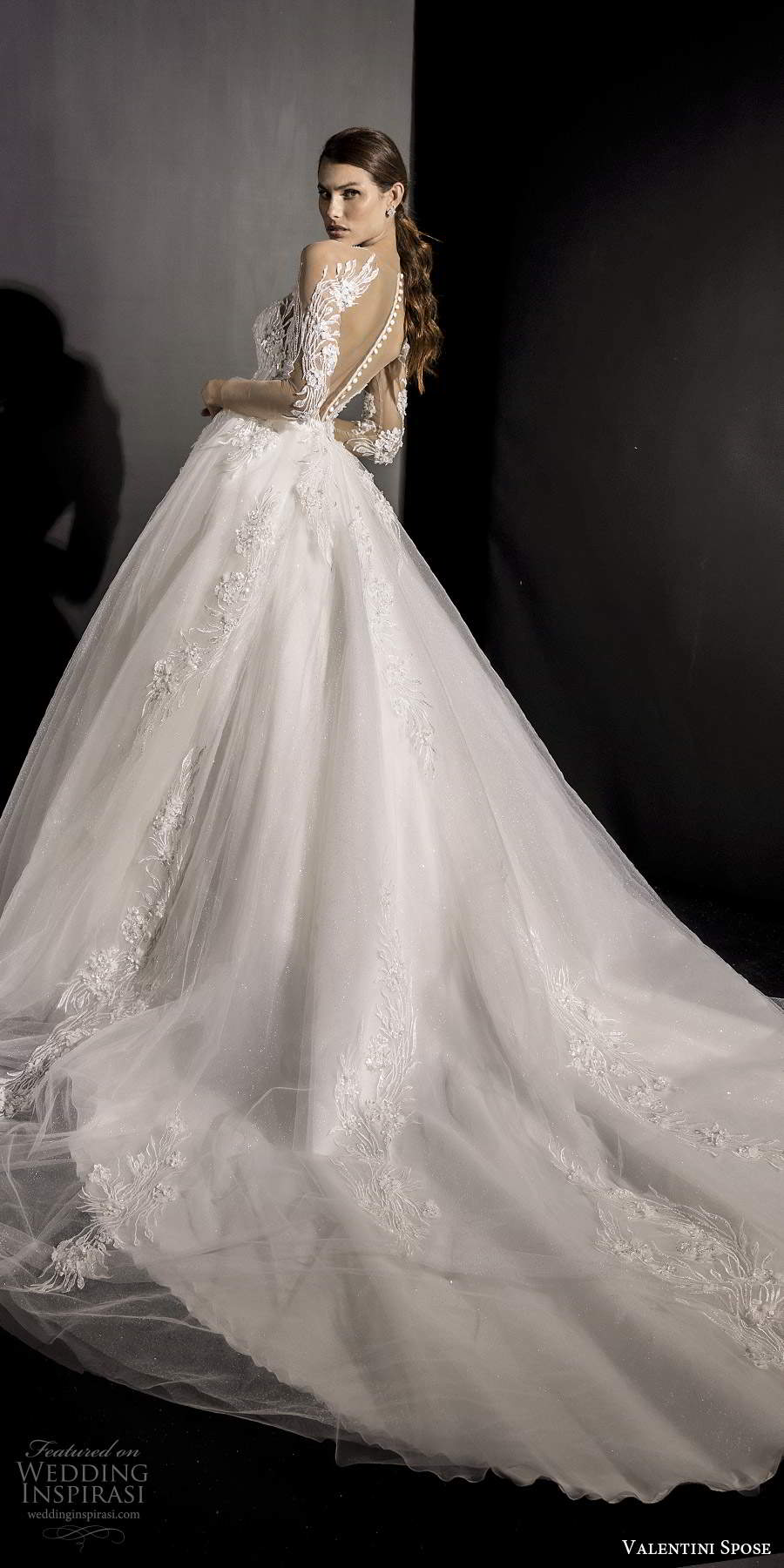 valentini spose fall 2020 bridal illusion 3 quarter sleeves queen anne neckline fully embellished lace a line ball gown wedding dress chapel train (2) bv