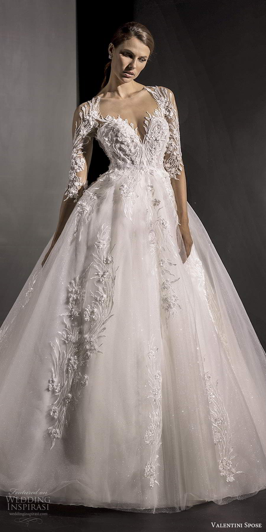 valentini spose fall 2020 bridal illusion 3 quarter sleeves queen anne neckline fully embellished lace a line ball gown wedding dress chapel train (2) mv