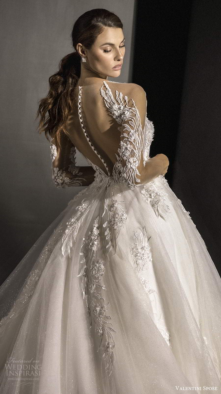 valentini spose fall 2020 bridal illusion 3 quarter sleeves queen anne neckline fully embellished lace a line ball gown wedding dress chapel train (2) zbv