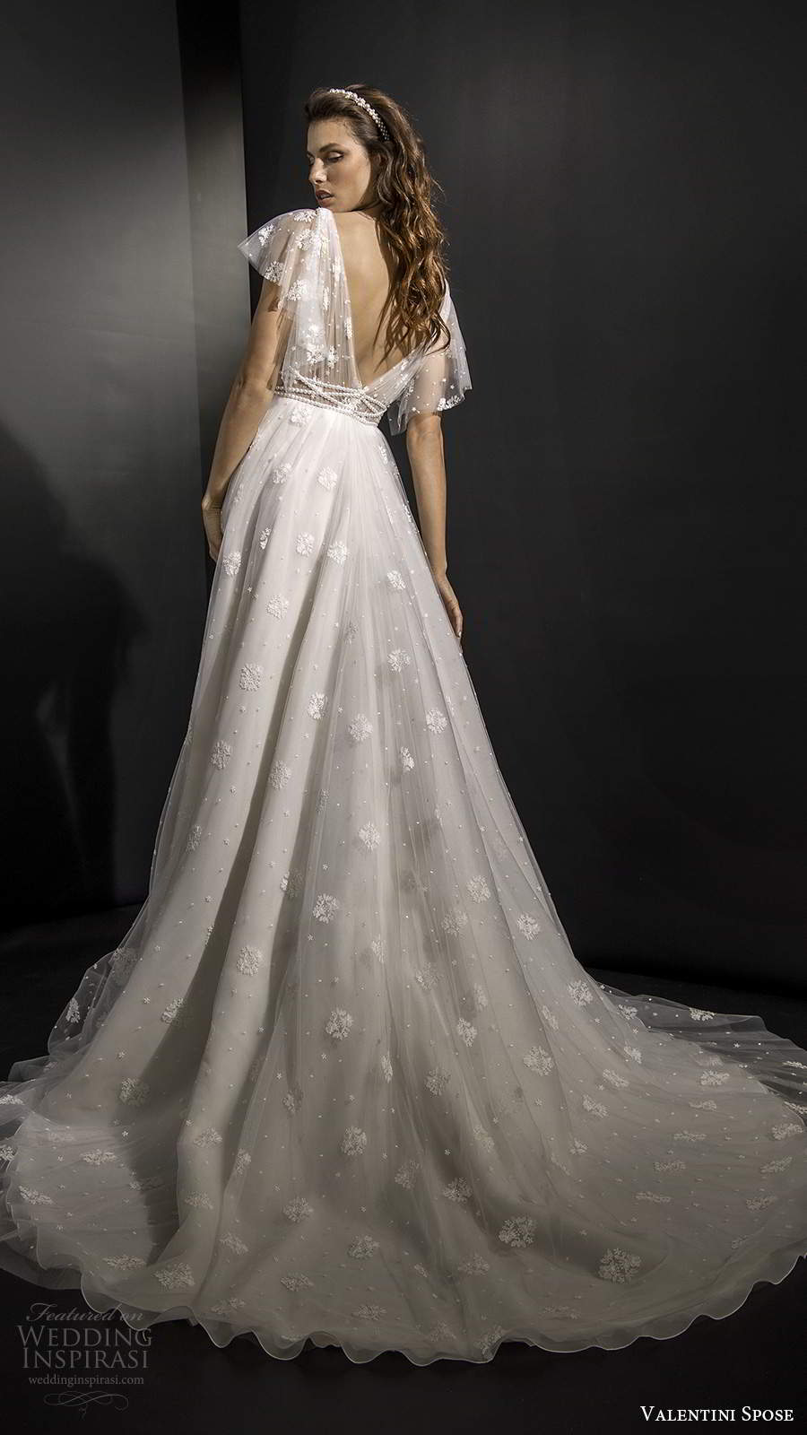 valentini spose fall 2020 bridal illusion flutter sleeves plunging v neckline ruched bodice fully embellished a line ball gown wedding dress v back chapel train  (9) bv