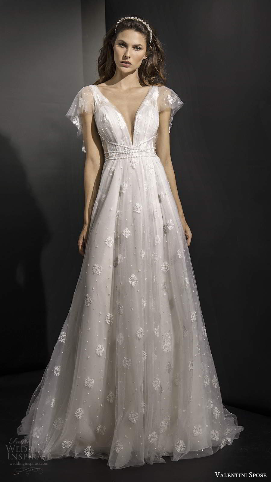 valentini spose fall 2020 bridal illusion flutter sleeves plunging v neckline ruched bodice fully embellished a line ball gown wedding dress v back chapel train  (9) mv