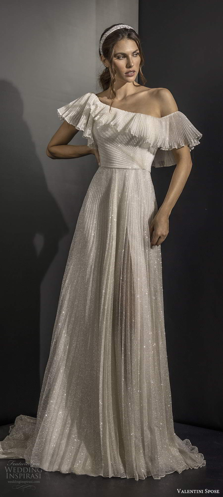 valentini spose fall 2020 bridal off shoulder flutter sleeves pleated bodice pleated skirt fully embellished a line column wedding dress chapel train (3) mv valentini spose fall 2020 bridal off shoulder flutter sleeves pleated bodice pleated skirt fully embellished a line column wedding dress chapel train (3) mv