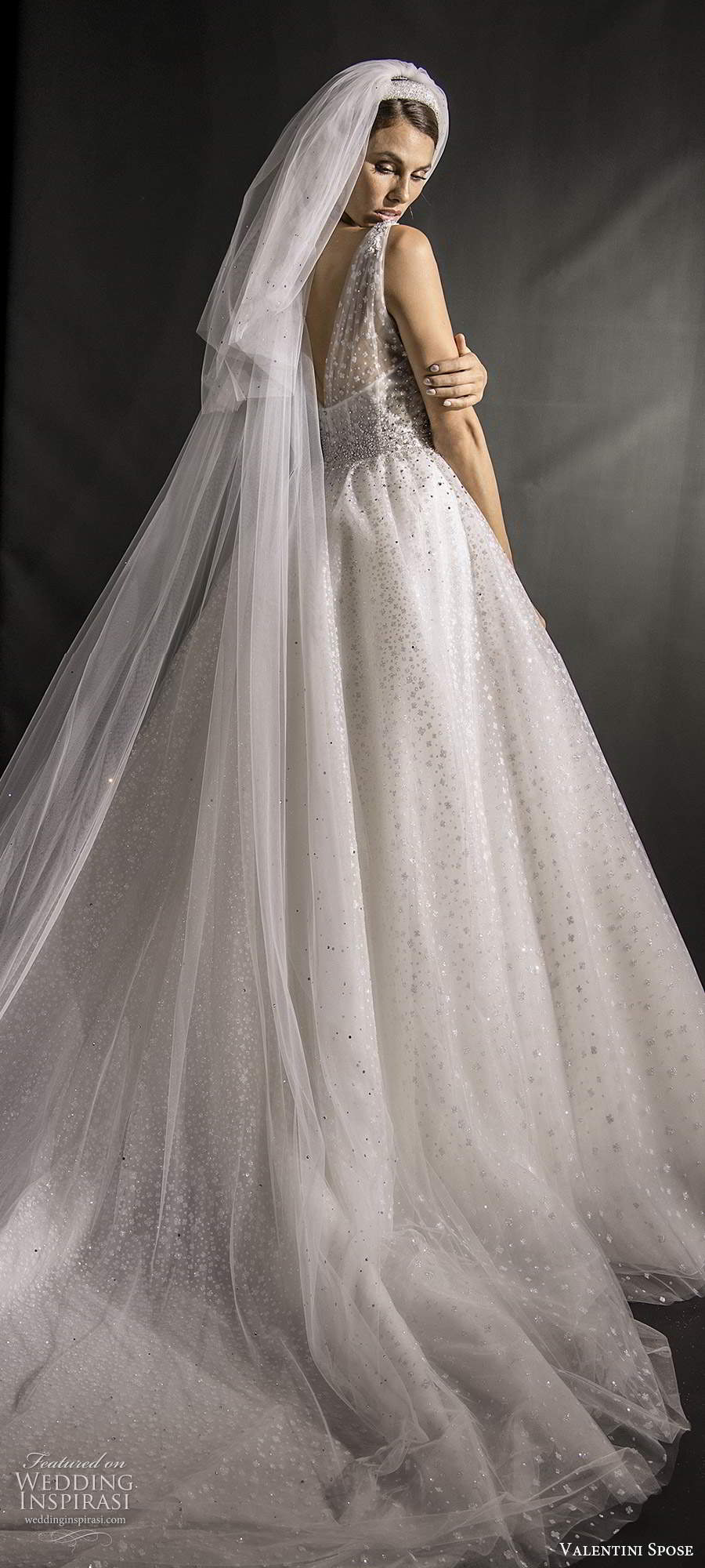 valentini spose fall 2020 bridal sleeveless illusion straps v neckline fully embellished glitzy a line ball gown wedding dress chapel train (1) bv valentini spose fall 2020 bridal sleeveless illusion straps v neckline fully embellished glitzy a line ball gown wedding dress chapel train (1) bv