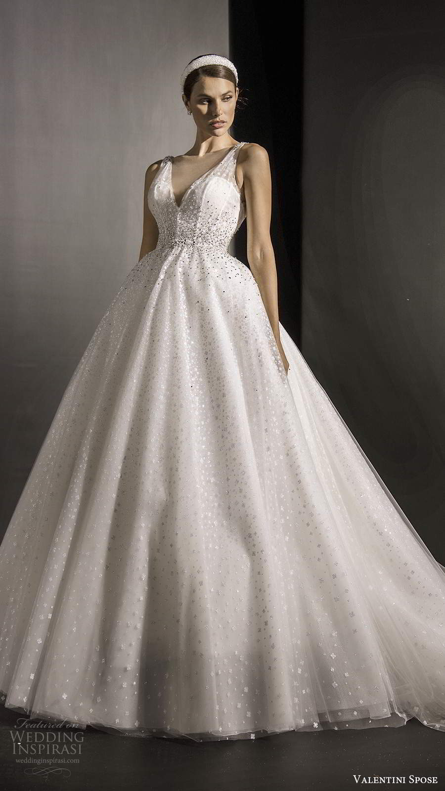 valentini spose fall 2020 bridal sleeveless illusion straps v neckline fully embellished glitzy a line ball gown wedding dress chapel train (1) mv