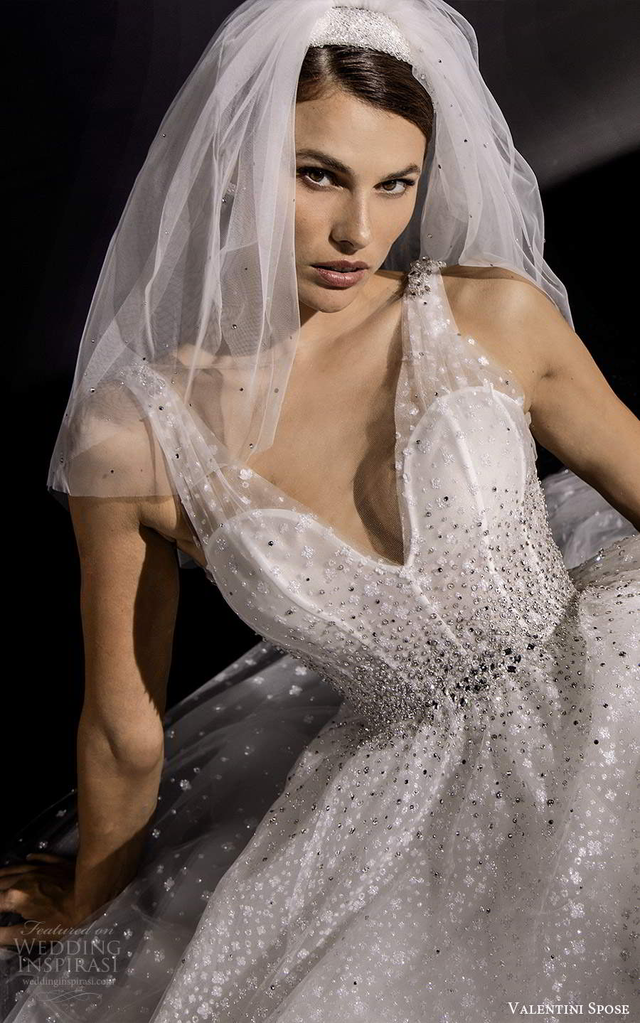 valentini spose fall 2020 bridal sleeveless illusion straps v neckline fully embellished glitzy a line ball gown wedding dress chapel train (1) zv 