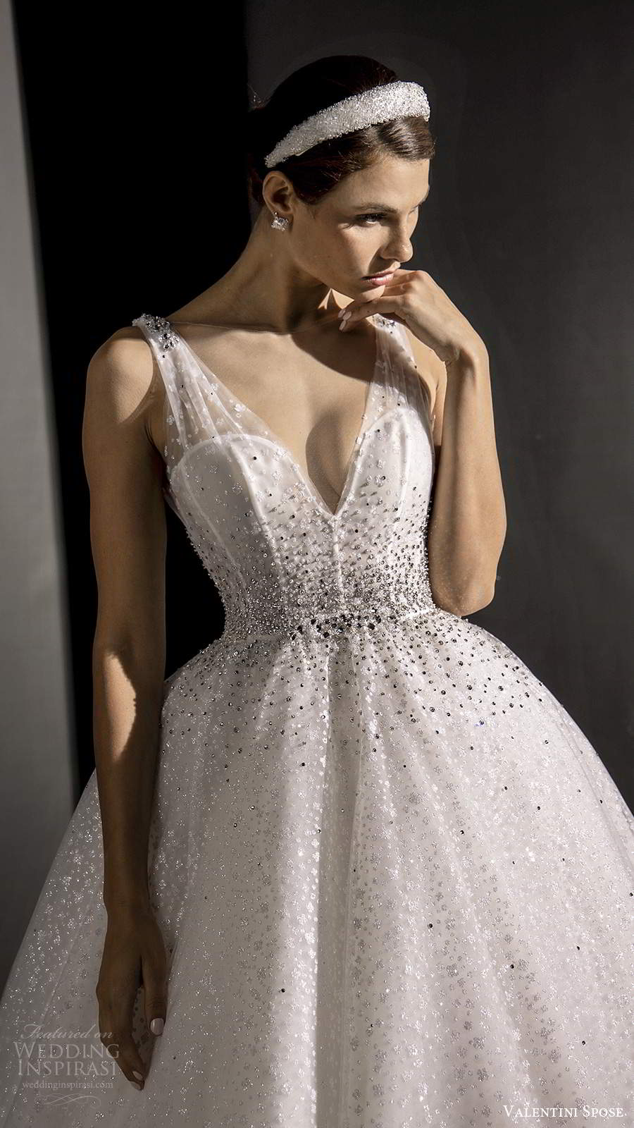 valentini spose fall 2020 bridal sleeveless illusion straps v neckline fully embellished glitzy a line ball gown wedding dress chapel train (1) zv