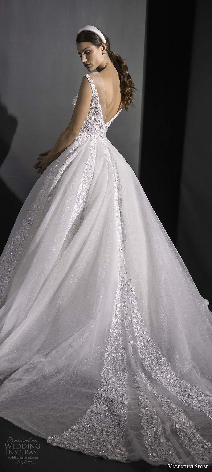 valentini spose fall 2020 bridal sleeveless off shoulder sweetheart neckline fully embellished a line ball gown wedding dress chapel train (5) bv