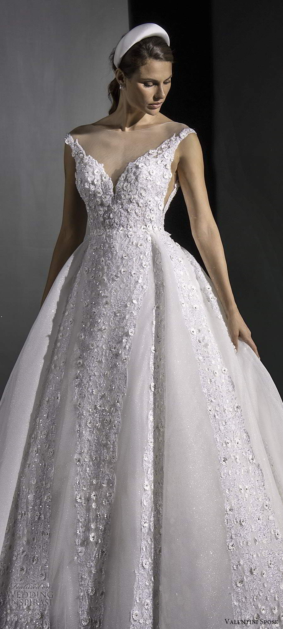 valentini spose fall 2020 bridal sleeveless off shoulder sweetheart neckline fully embellished a line ball gown wedding dress chapel train (5) lv