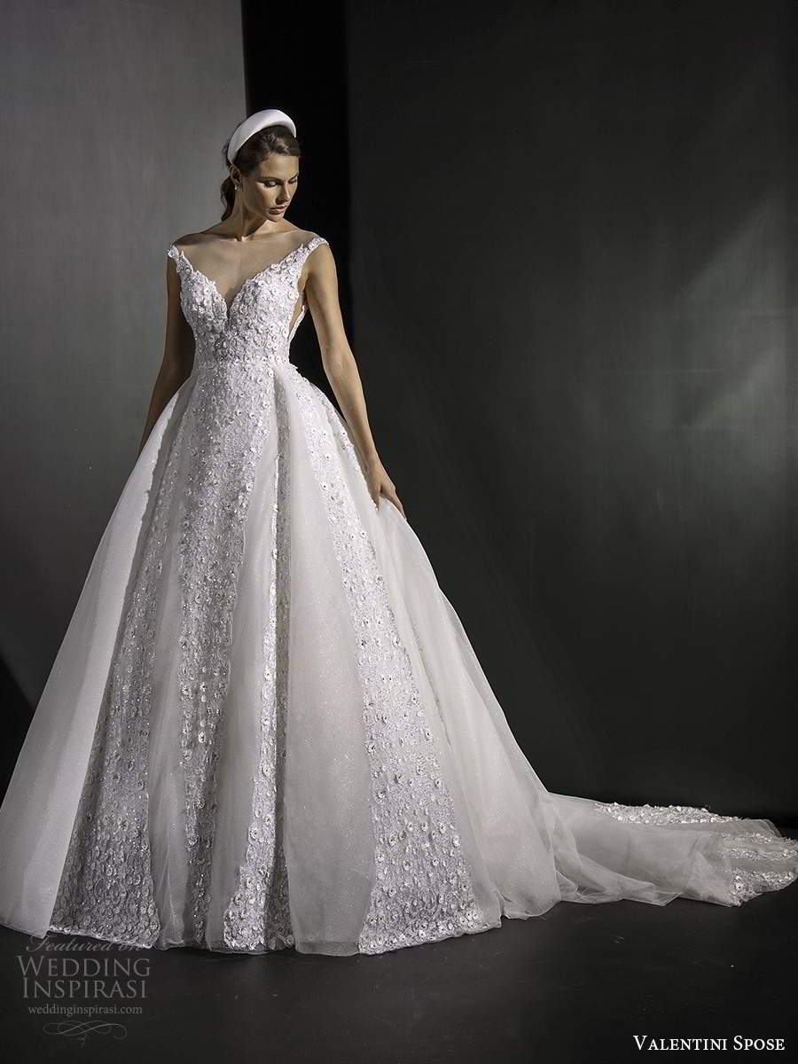 valentini spose fall 2020 bridal sleeveless off shoulder sweetheart neckline fully embellished a line ball gown wedding dress chapel train (5) mv