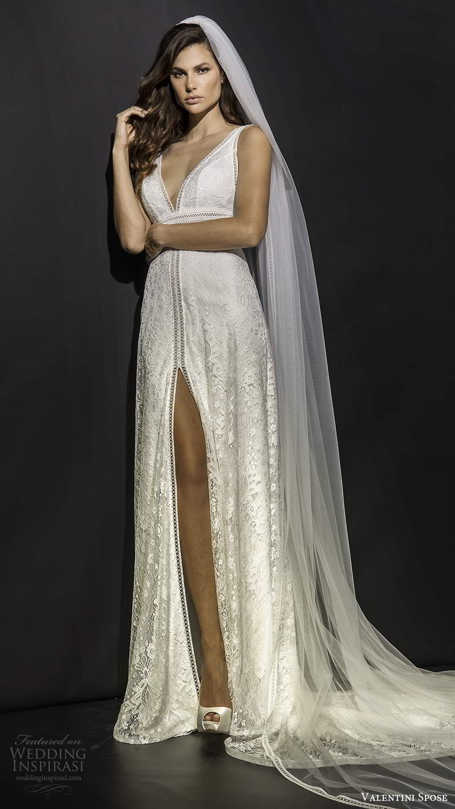 valentini spose fall 2020 bridal sleeveless plunging v neckline fully embellished lace column soft a line lace wedding dress slit skirt chapel train (8) mv