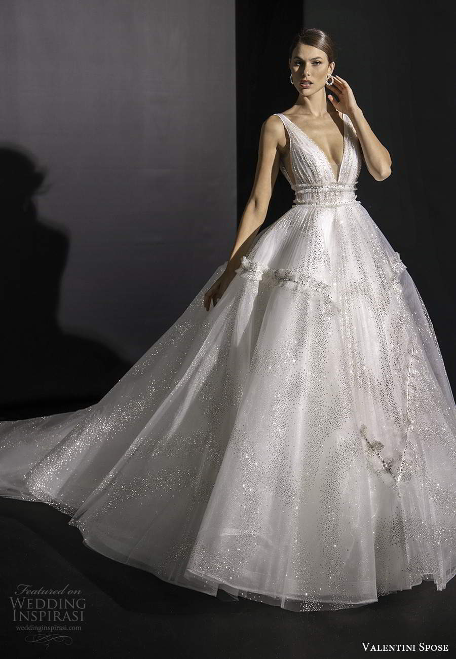 valentini spose fall 2020 bridal sleeveless straps plunging v neckline ruched bodice fully embellished glitzy a line ball gown wedding dress chapel train (8) mv valentini spose fall 2020 bridal sleeveless straps plunging v neckline ruched bodice fully embellished glitzy a line ball gown wedding dress chapel train (8) mv