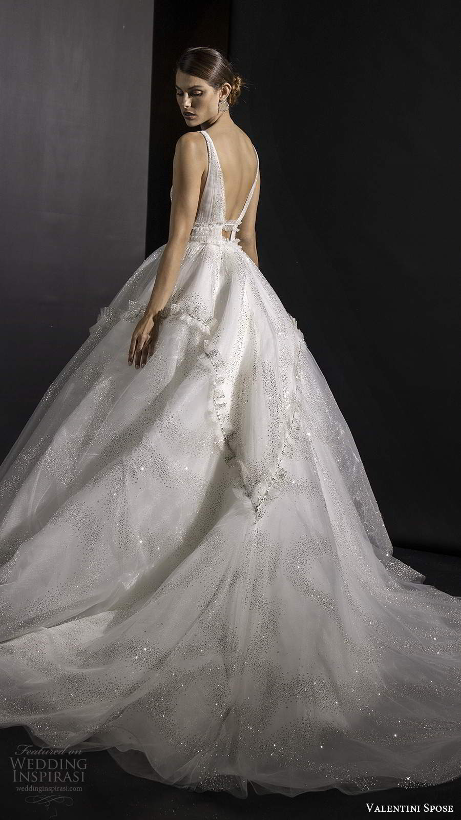 valentini spose fall 2020 bridal sleeveless straps plunging v neckline ruched bodice fully embellished glitzy a line ball gown wedding dress v back chapel train (8) bv