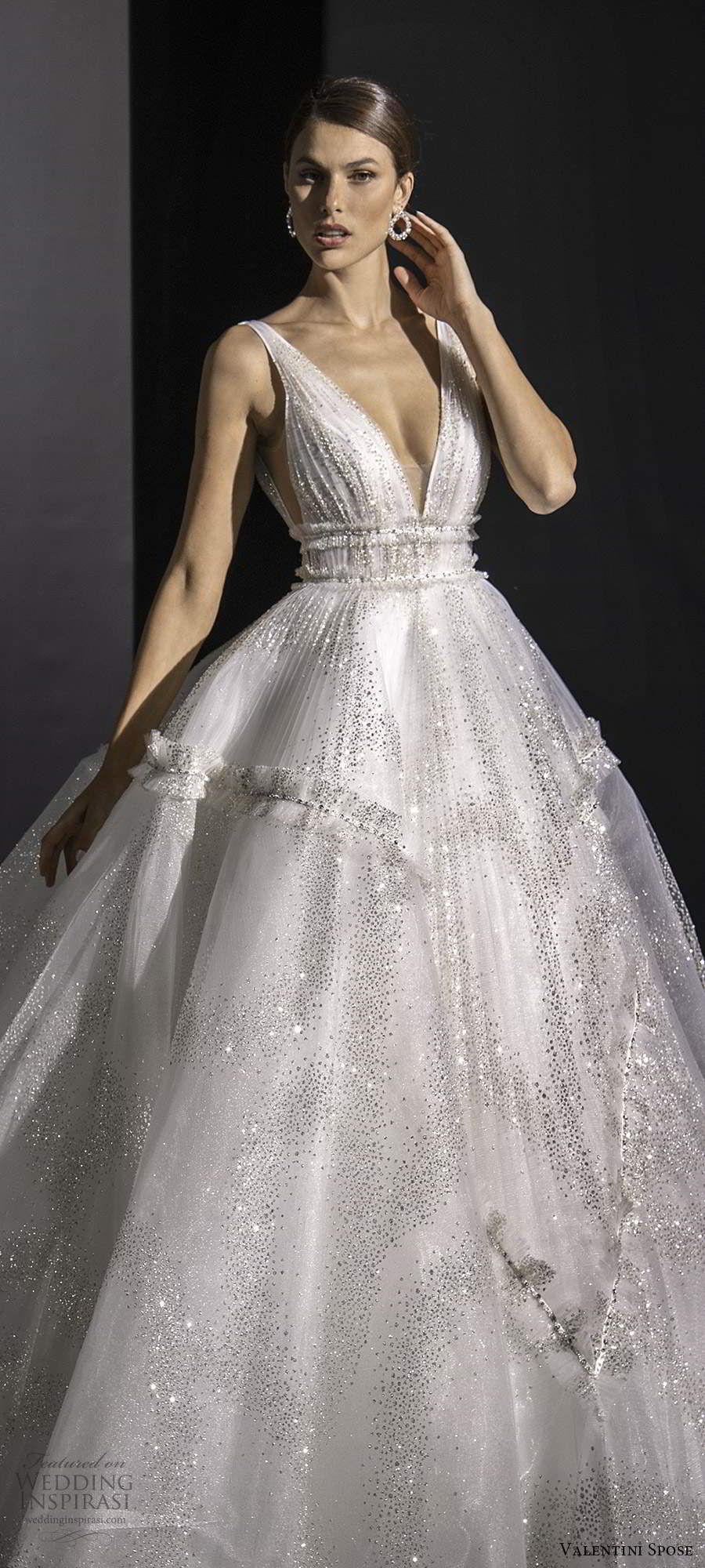 valentini spose fall 2020 bridal sleeveless straps plunging v neckline ruched bodice fully embellished glitzy a line ball gown wedding dress v back chapel train (8) lv