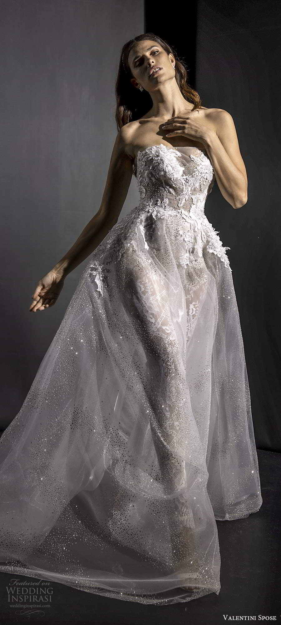 valentini spose fall 2020 bridal strapless straight across sheer bodice fully embellished glitzy a line ball gown wedding dress sweep train (6) lv