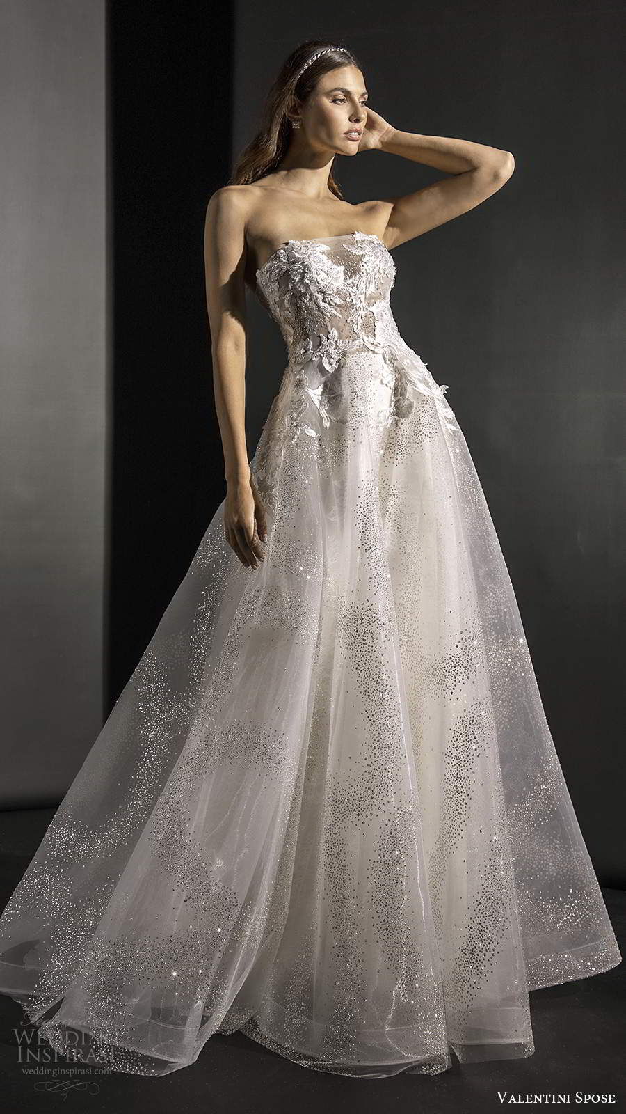 valentini spose fall 2020 bridal strapless straight across sheer bodice fully embellished glitzy a line ball gown wedding dress sweep train (6) mv