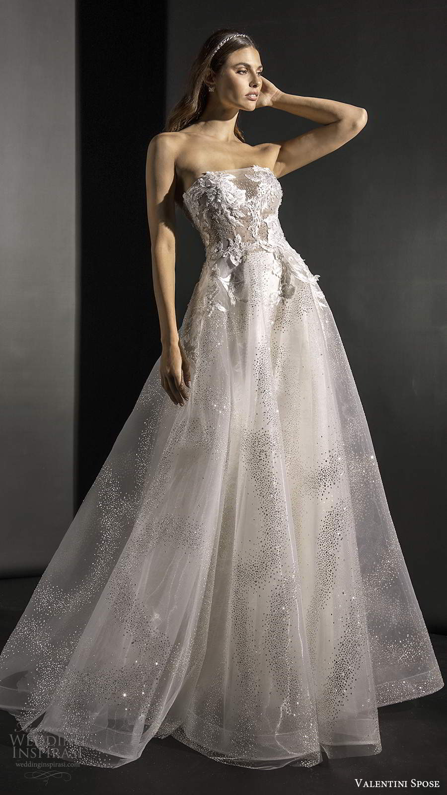 valentini spose fall 2020 bridal strapless straight across sheer bodice fully embellished glitzy a line ball gown wedding dress sweep train (6) mv valentini spose fall 2020 bridal strapless straight across sheer bodice fully embellished glitzy a line ball gown wedding dress sweep train (6) mv