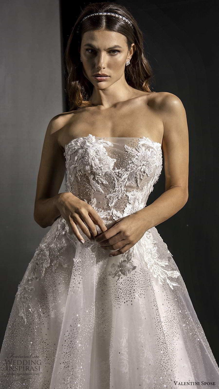 valentini spose fall 2020 bridal strapless straight across sheer bodice fully embellished glitzy a line ball gown wedding dress sweep train (6) zv