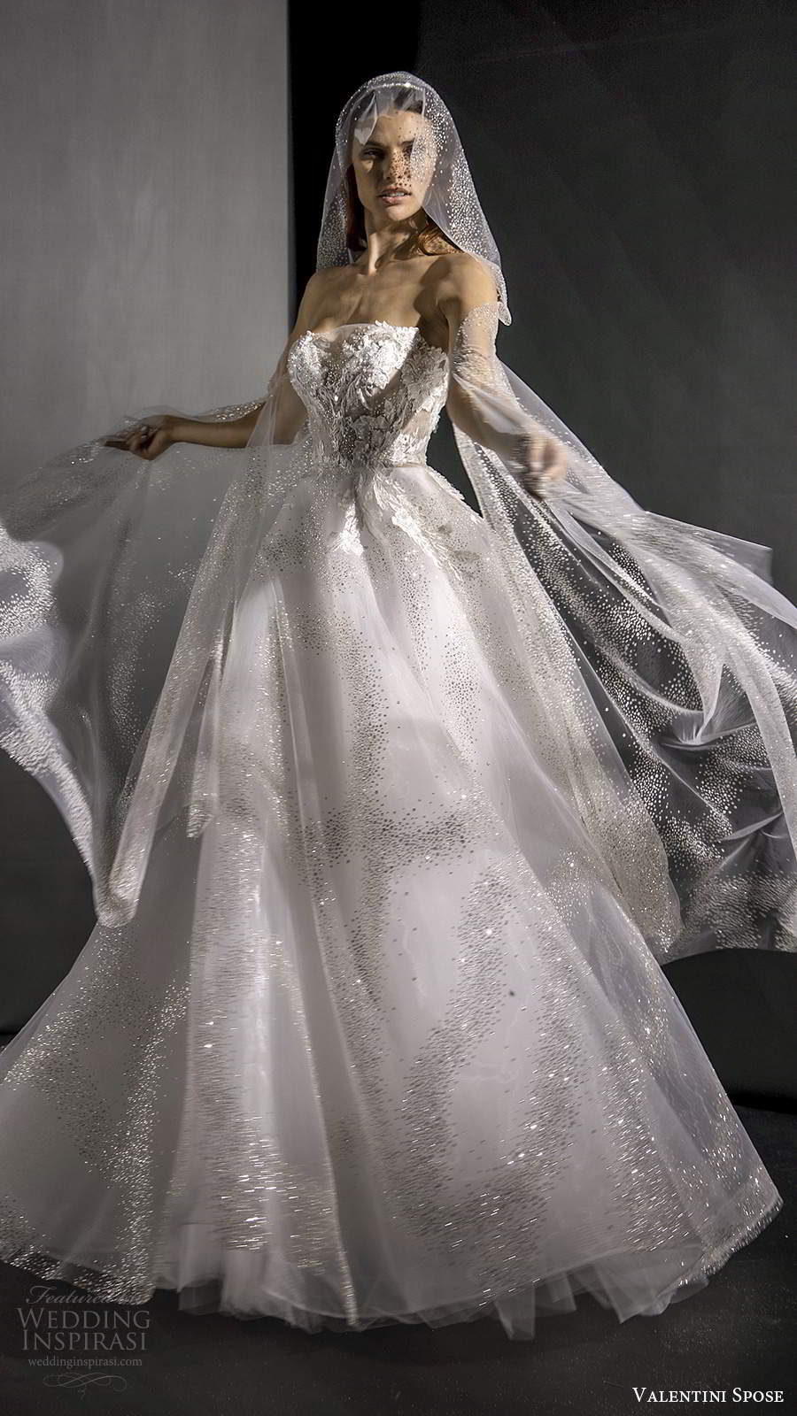 valentini spose fall 2020 bridal strapless straight across sheer bodice fully embellished glitzy a line ball gown wedding dress sweep train veil (6) sv valentini spose fall 2020 bridal strapless straight across sheer bodice fully embellished glitzy a line ball gown wedding dress sweep train veil (6) sv