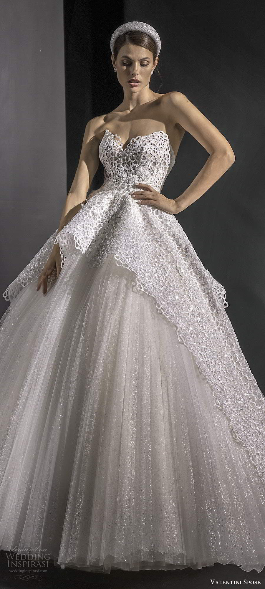 valentini spose fall 2020 bridal strapless sweetheart embellished bodice a line ball gown wedding dress overskirt chapel train (4) mv