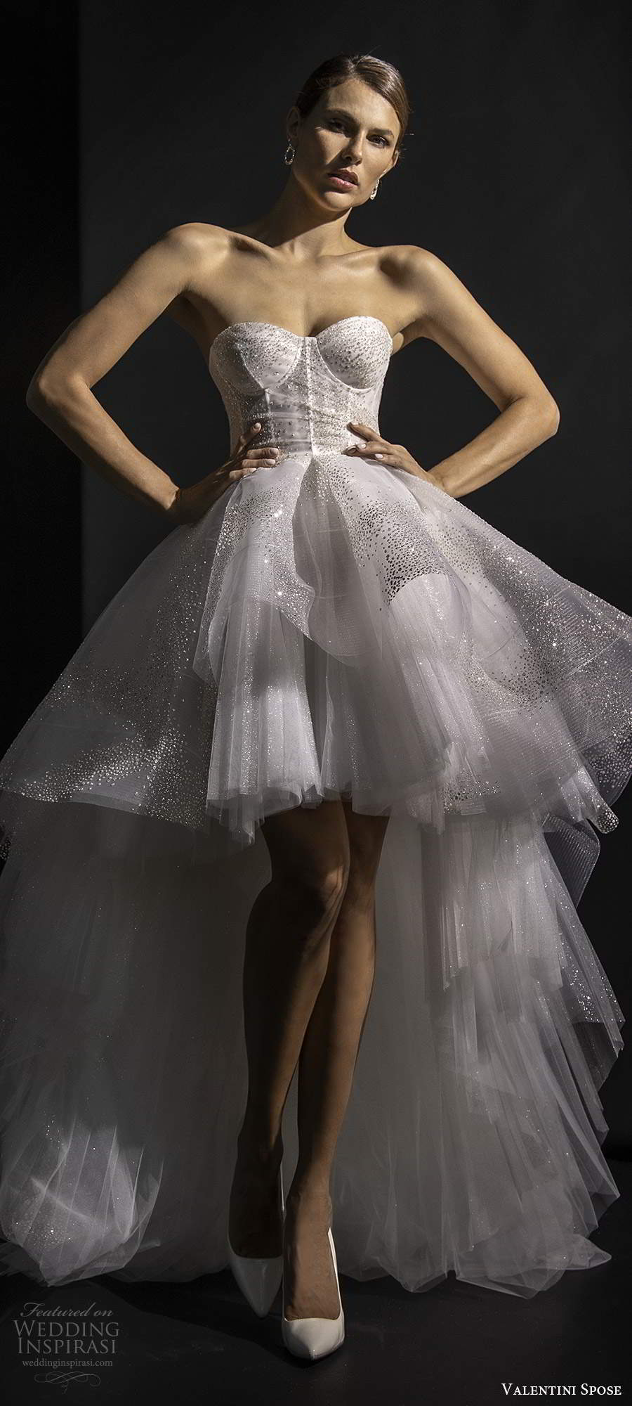 valentini spose fall 2020 bridal strapless sweetheart neckline sheer corset bodice fully embellished glitzy a line ball gown high low wedding dress chapel train (10) mv valentini spose fall 2020 bridal strapless sweetheart neckline sheer corset bodice fully embellished glitzy a line ball gown high low wedding dress chapel train (10) mv