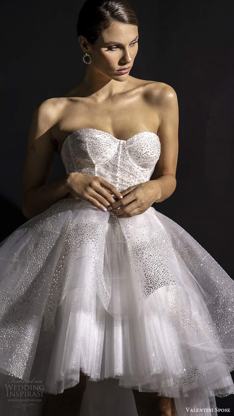 valentini spose fall 2020 bridal strapless sweetheart neckline sheer corset bodice fully embellished glitzy a line ball gown high low wedding dress chapel train (10) zv
