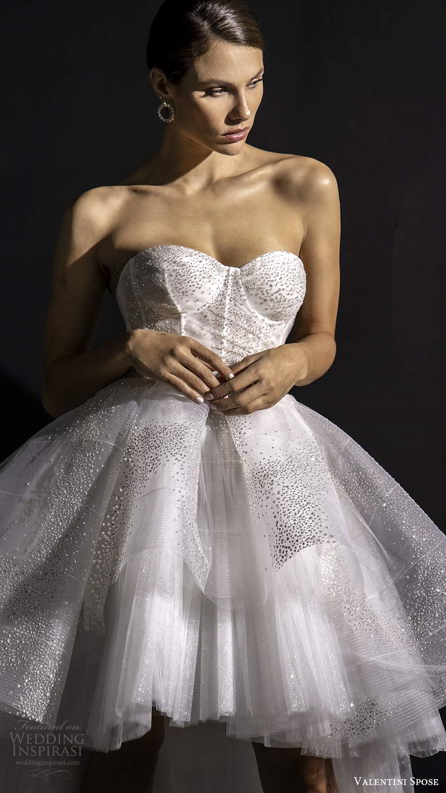 valentini spose fall 2020 bridal strapless sweetheart neckline sheer corset bodice fully embellished glitzy a line ball gown high low wedding dress chapel train (10) zv valentini spose fall 2020 bridal strapless sweetheart neckline sheer corset bodice fully embellished glitzy a line ball gown high low wedding dress chapel train (10) zv
