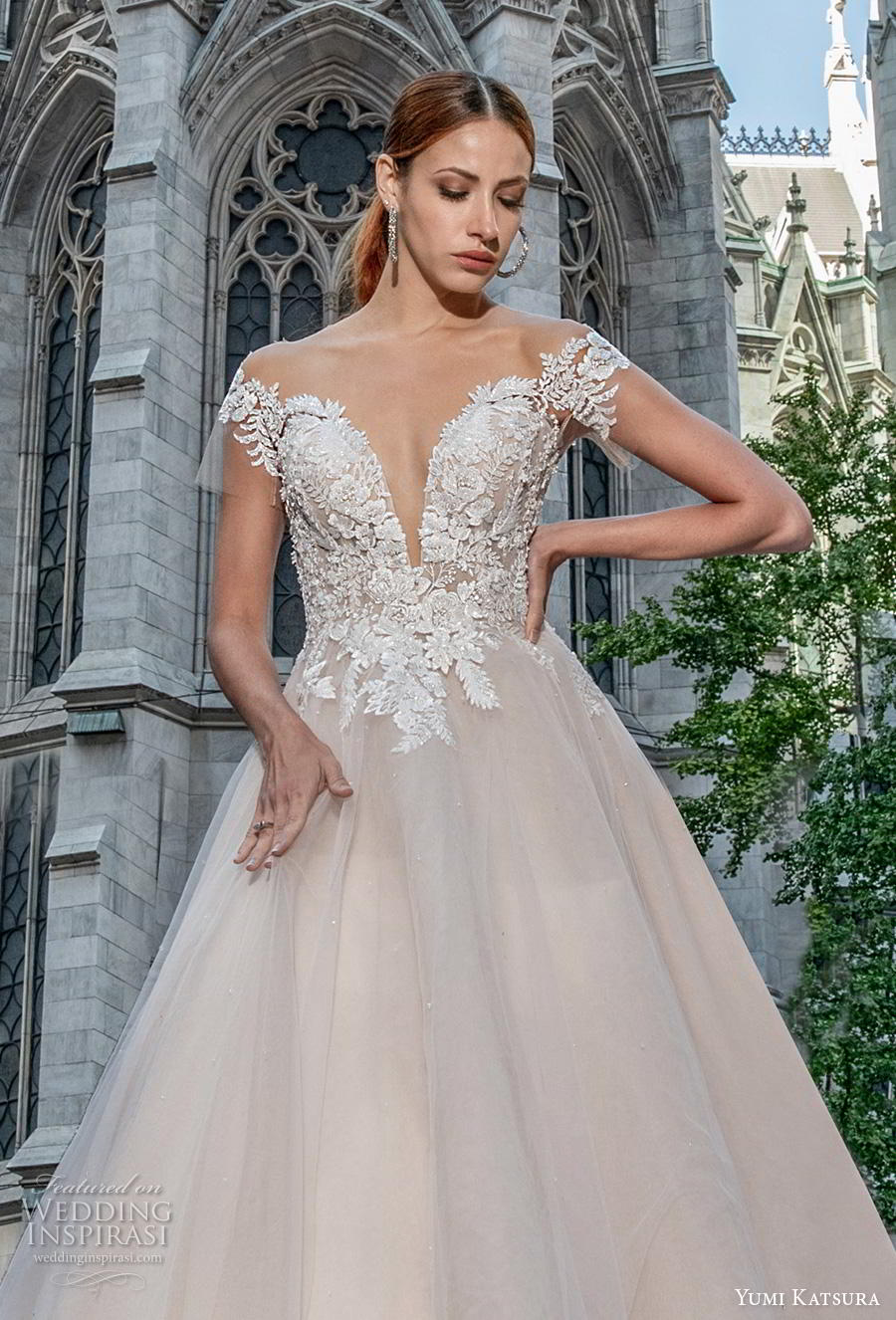 yumi katsura fall 2020 bridal cap sleeves deep sweetheart neckline heavily embellished bodice romantic a  line wedding dress (9) zv