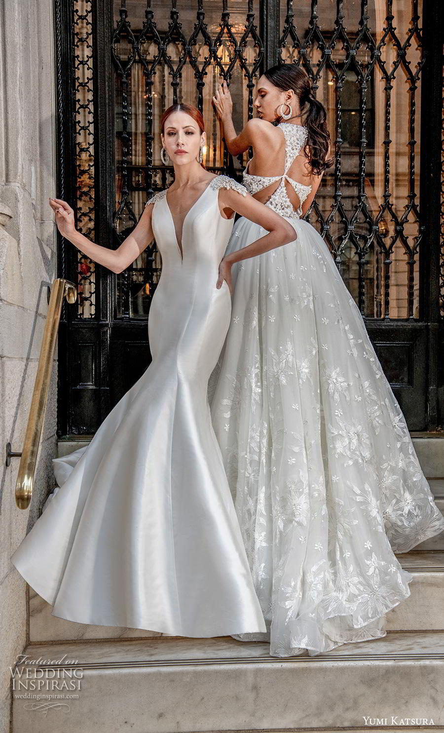 yumi katsura fall 2020 bridal cap sleeves deep v neck simple minimalist elegant fit and flare mermaid wedding dress chapel train (10) mv