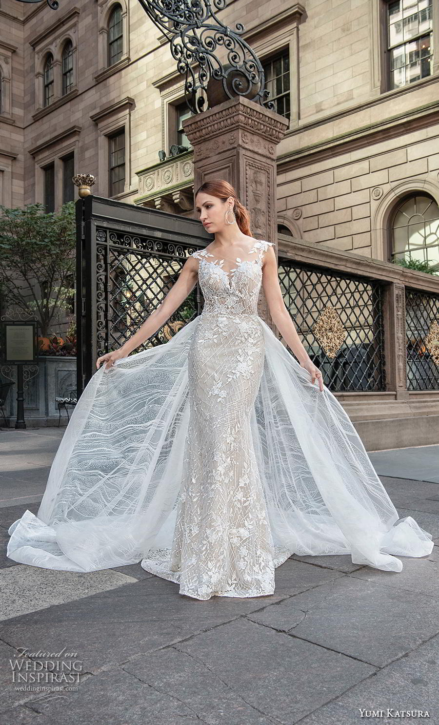 yumi katsura fall 2020 bridal cap sleeves sweetheart neckline full embellishment elegant fit and flare wedding dress a  line overskirt chapel train (12) mv