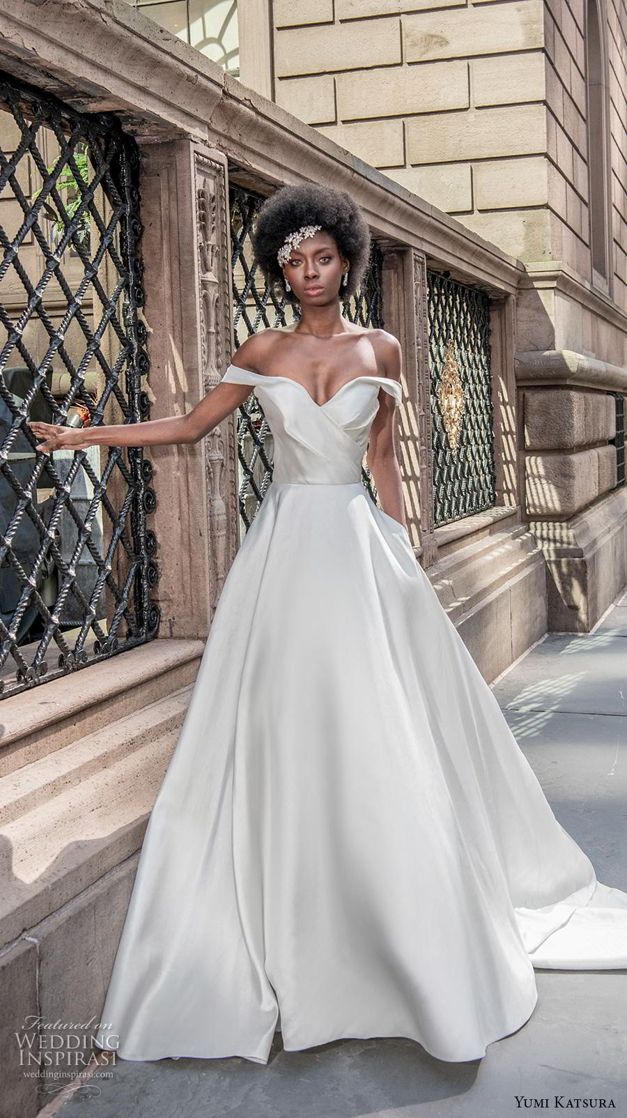 yumi katsura fall 2020 bridal off the shoulder sweetheart neckline wrap over simple minimalist elegant a  line wedding dress chapel train (1) mv 