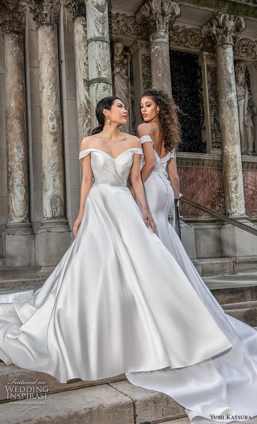 yumi katsura fall 2020 bridal off the shoulder sweetheart neckline wrap over simple minimalist elegant a  line wedding dress chapel train (1) mv