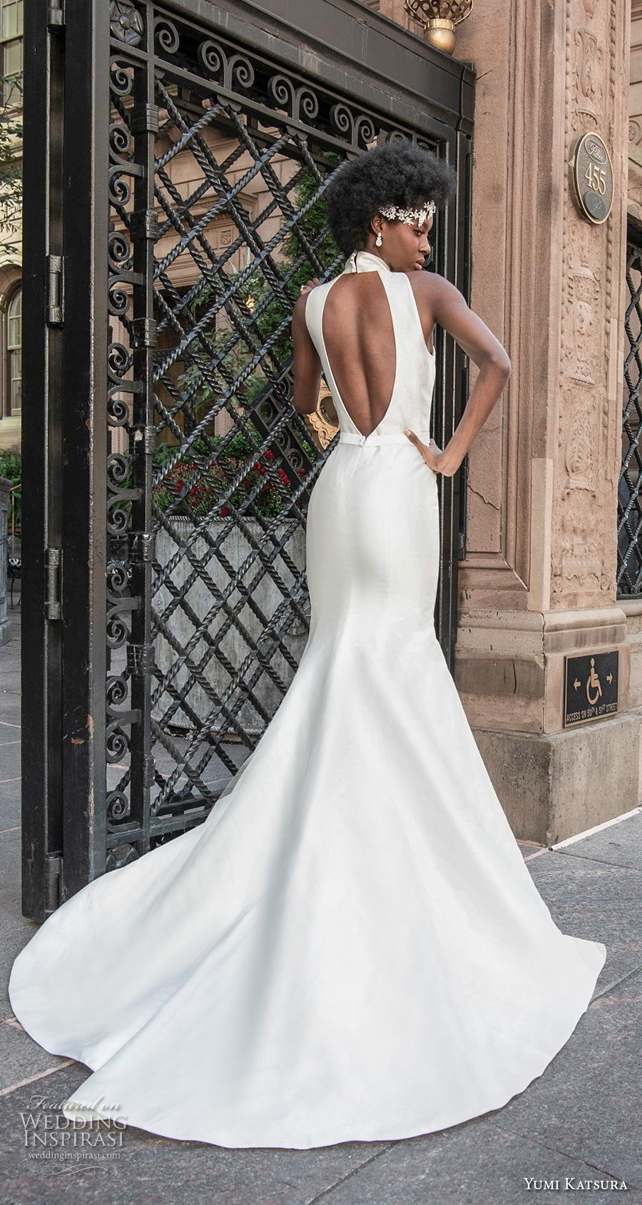 yumi katsura fall 2020 bridal sleeveless halter high neck simple minimalist elegant classy fit and flare mermaid wedding dress keyhole back chapel train (5) bv