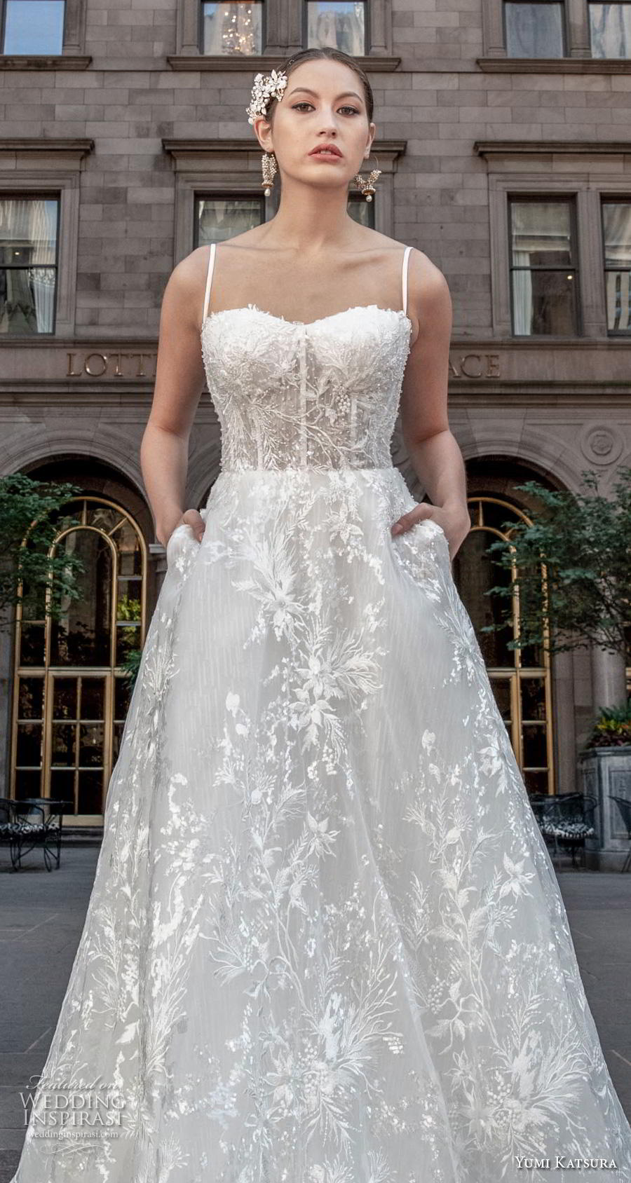 yumi katsura fall 2020 bridal sleeveless spaghetti strap semi sweetheart neckline full embellishment romantic a  line wedding dress with pockets (6) zv