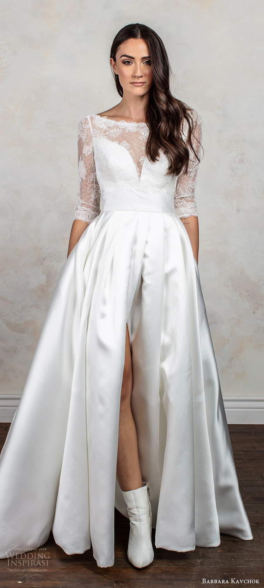 barbara kavchok fall 2020 bridal illusion 3 quarter sleeves bateau neck sweetheart neckline clean slit skirt a line ball gown wedding dress chapel train (11) mv