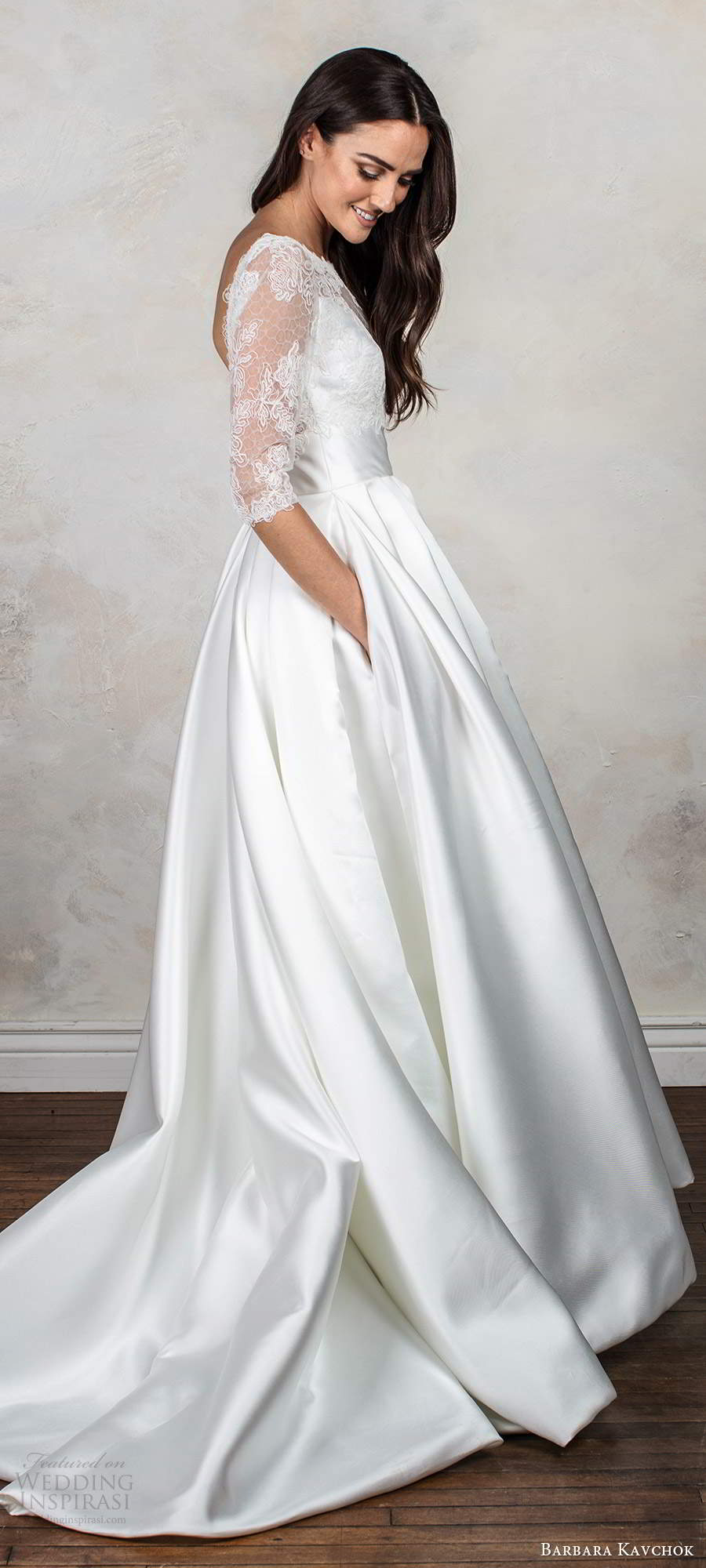 barbara kavchok fall 2020 bridal illusion 3 quarter sleeves bateau neck sweetheart neckline clean slit skirt a line ball gown wedding dress chapel train (11) sv