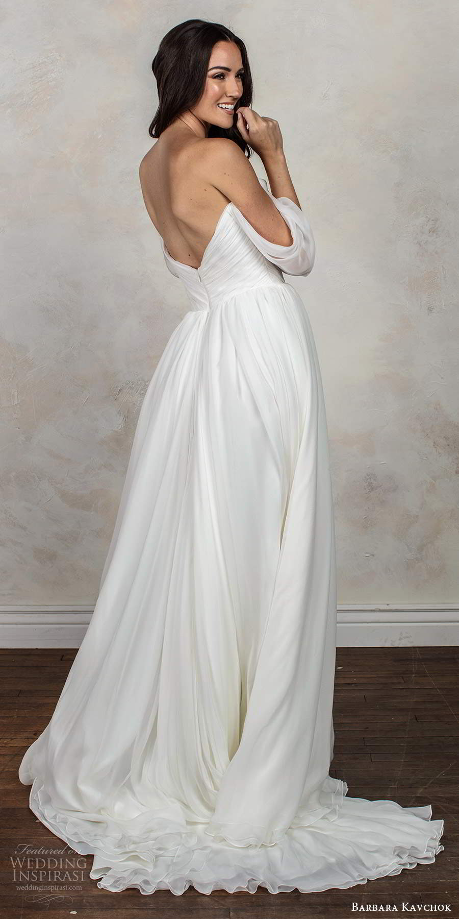 barbara kavchok fall 2020 bridal off shoulder draped sleeves sweetheart neckline ruched bodice clean a line ball gown wedding dress v back chapel train (7) bv