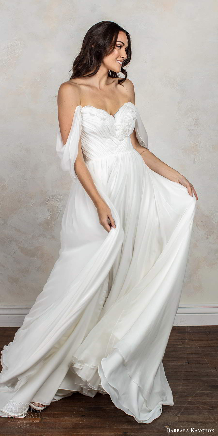 barbara kavchok fall 2020 bridal off shoulder draped sleeves sweetheart neckline ruched bodice clean a line ball gown wedding dress v back chapel train (7) mv