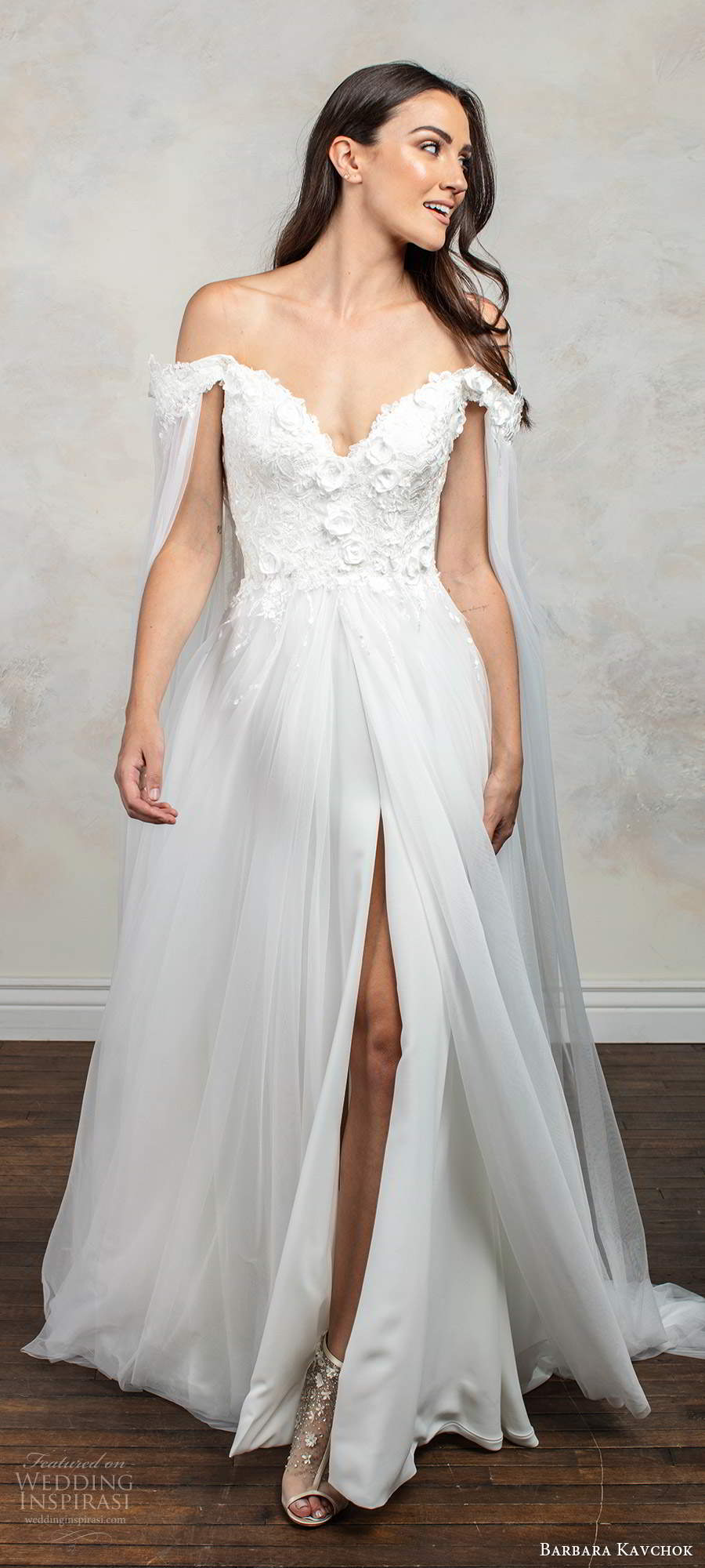 barbara kavchok fall 2020 bridal off shoulder long split sleeves sweetheart neckline embellished bodice slit skirt a line ball gown wedding dress chapel train (5) mv