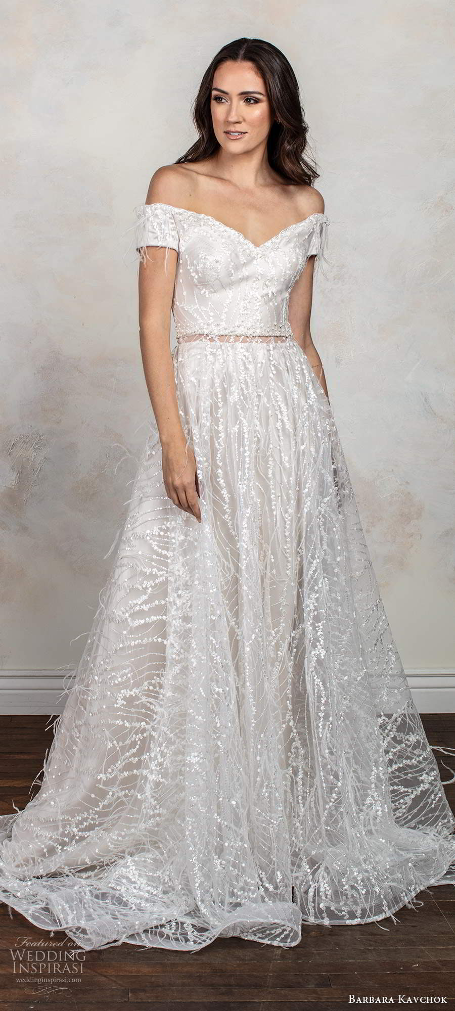 barbara kavchok fall 2020 bridal off shoulder short sleeves semi sweetheart neckline fully embellished a line ball gown blush wedding dress chapel train (8) fv