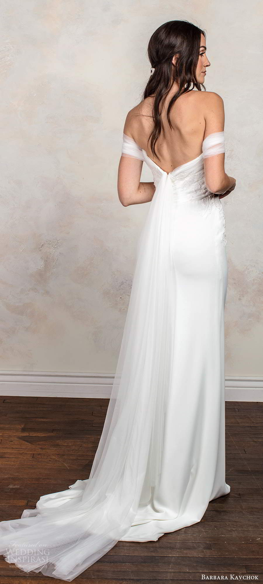 barbara kavchok fall 2020 bridal off shoulder straps straight across neckline ruched embellished bodice sheath column wedding dress chapel train (13) bv